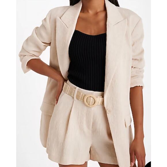Express Oversized Textured Boyfriend Blazer Suit Jacket Beige Cream sz L - Picture 4 of 16